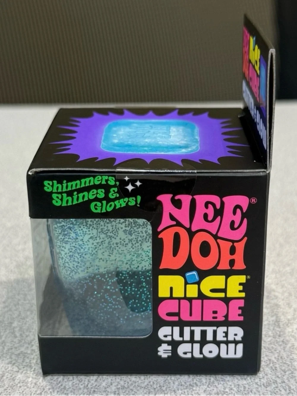 NeeDoh BLUE Glitter & Glow Nice Cube Super Solid Squish Stress Reliever Squishy